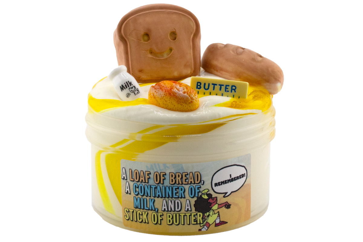 A Loaf of Bread, A Container of Milk and a Stick of Butter